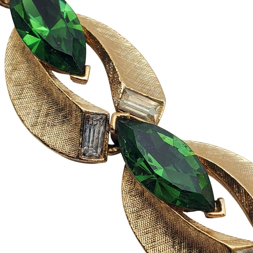 Lisner Green Rhinestone Necklace Choker Brushed Gold Tone Summer‎ Vintage Collar